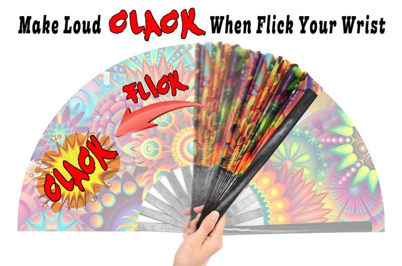 OMyTea Large Bamboo Rave Festival Folding Hand Fan for Men/Women - Chinese Japanese Handheld Fan with Fabric Case - for Electronic Dance Music Party, Performance, Decorations, Gift (Fantasy Flowers) - Image 3